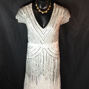 Adrianna Papell Silver Sequin V-Neck Maxi Dress